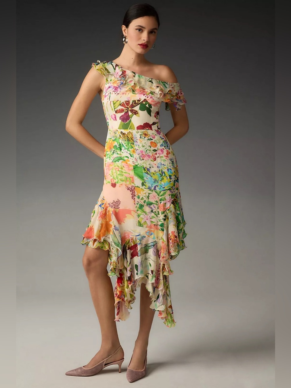 Anthropologie Mandira Wirk Off-the-Shoulder Asymmetrical Midi Dress - Small